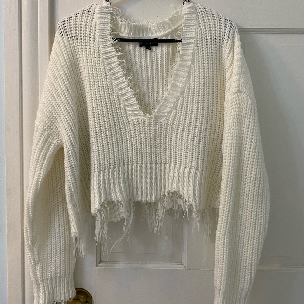 Cropped and Frayed Cream Sweater